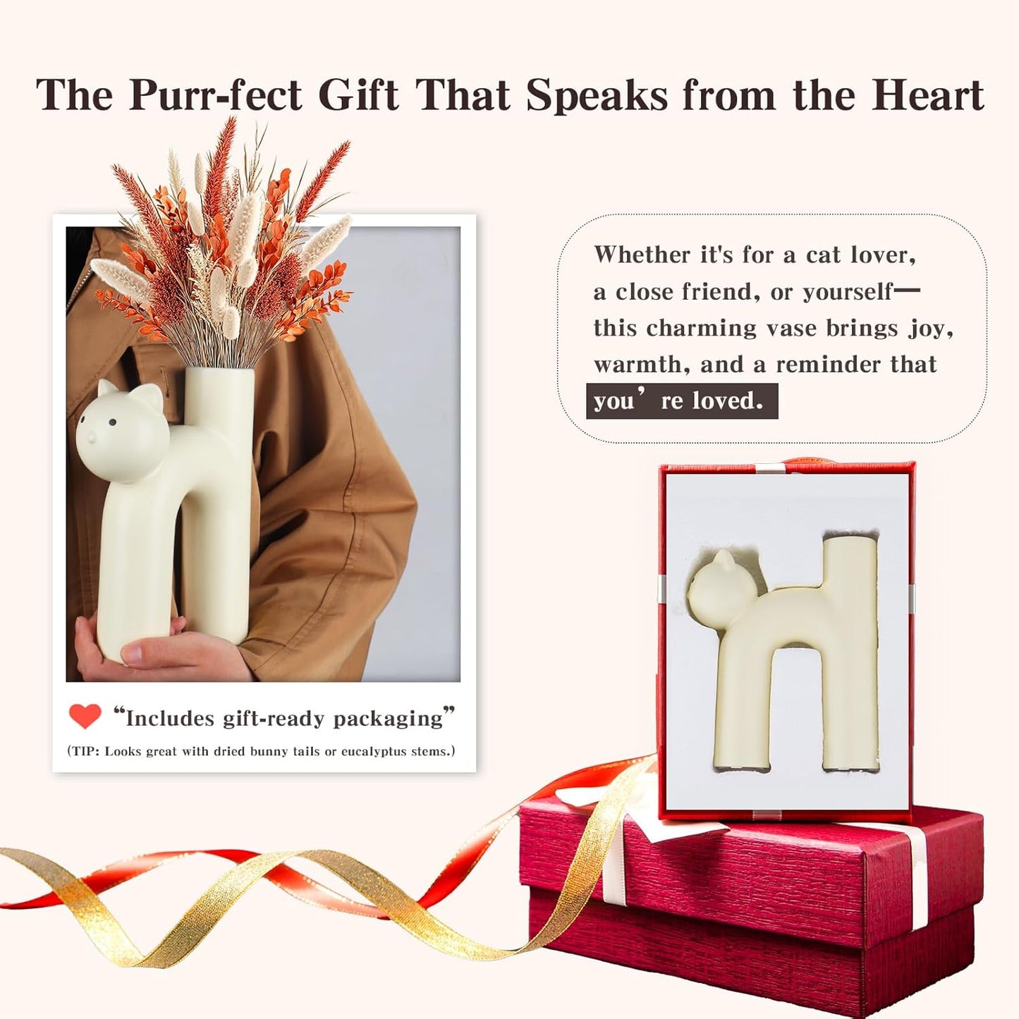 Cat-shaped vase with gift-ready packaging on a white background
