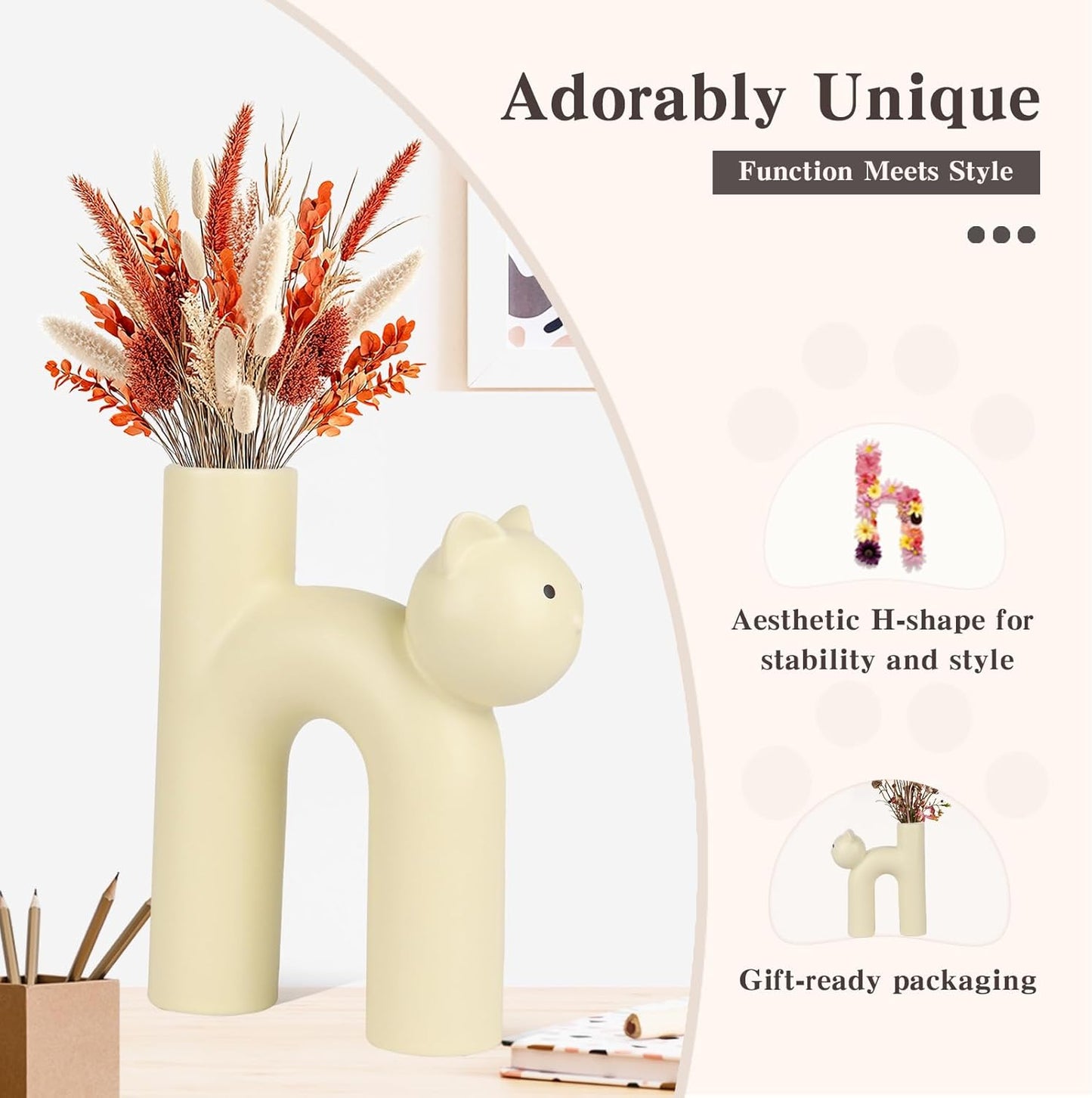 Cat-shaped vase with dried flowers on a white background, featuring text about its design and features.