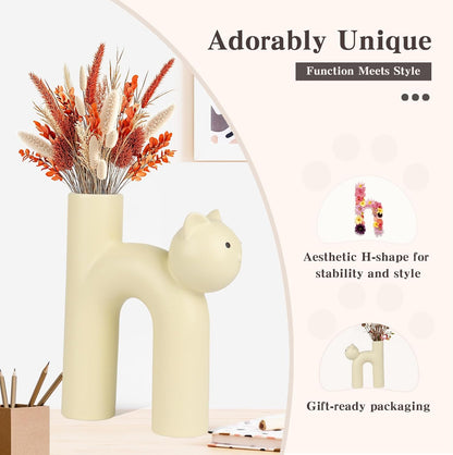 Cat-shaped vase with dried flowers on a white background, featuring text about its design and features.