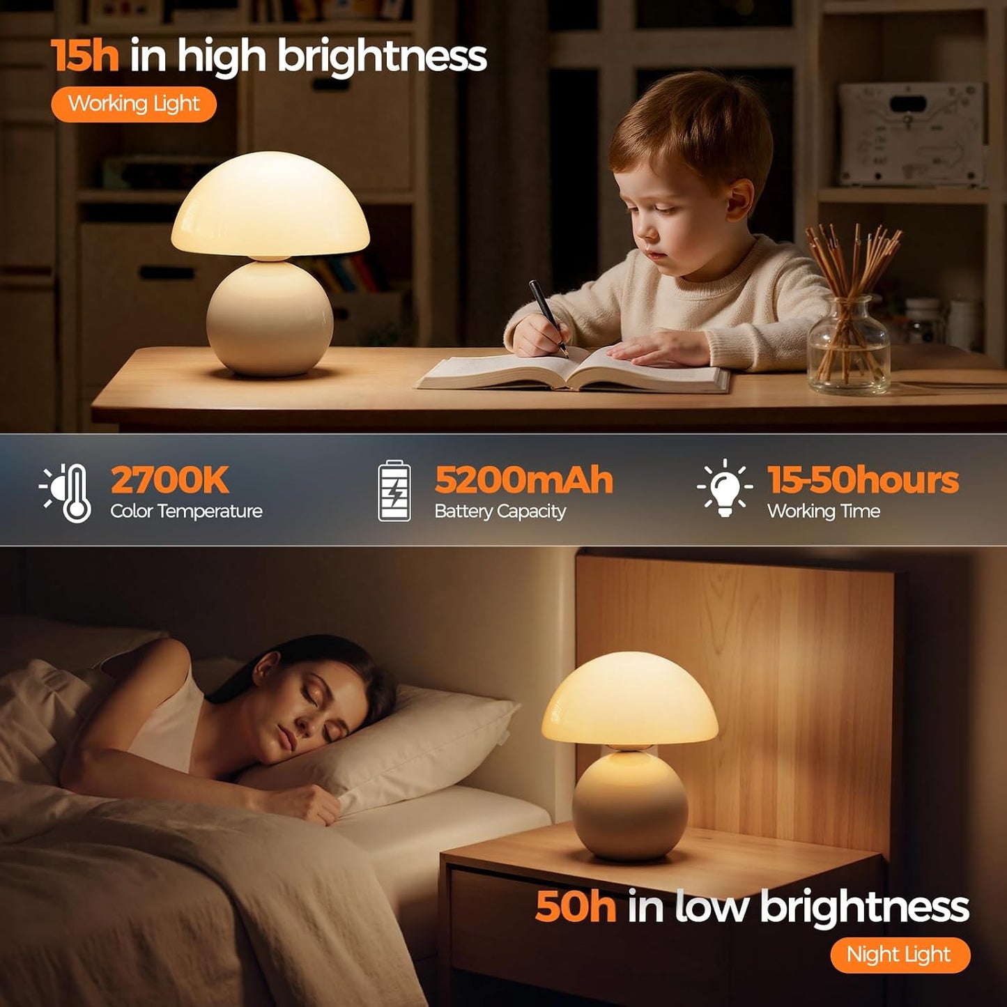 Child studying at a desk with a lamp, followed by a woman sleeping with the same lamp on a nightstand.