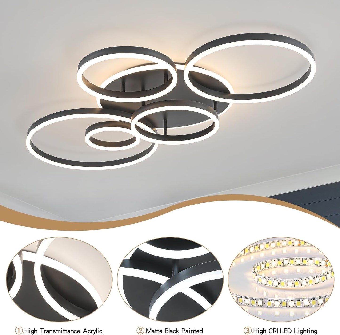 Modern ceiling light fixture with circular design on a ceiling, accompanied by close-up details of the light bulb.