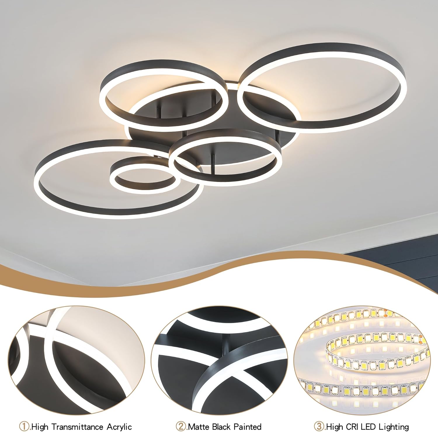 Modern ceiling light fixture with circular design on a ceiling, accompanied by close-up details of the light bulb.
