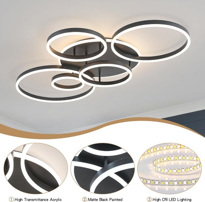 Modern ceiling light fixture with circular design on a ceiling, accompanied by close-up details of the light bulb.