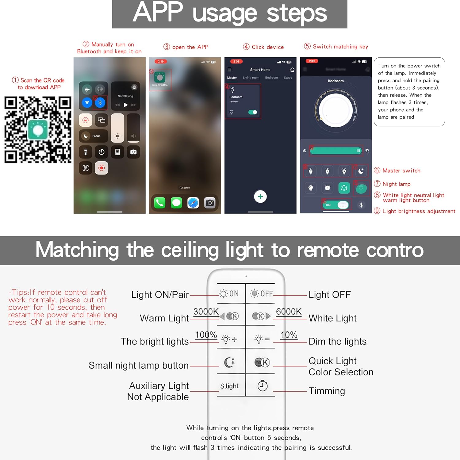 Instructions for using an app to control a ceiling light with QR code scanning and step-by-step guide.