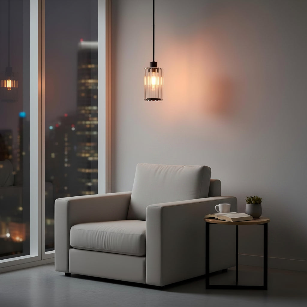 Woman reading a book in a modern living room with cityscape view