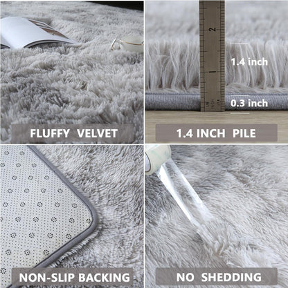 Collage of a fluffy velvet rug with measurements, non-slip backing, and no shedding features.