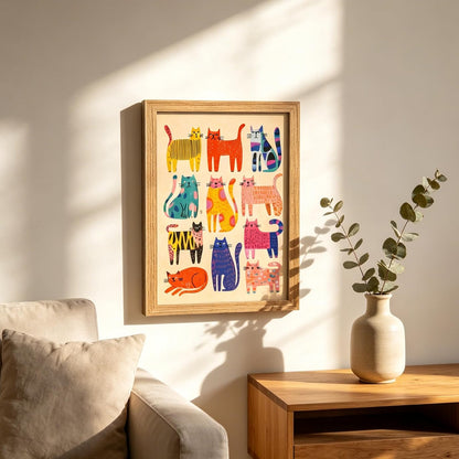 A framed art print featuring a colorful grid of stylized cats, hanging on a warm beige wall in a sunlit living room next to a wooden side table with a vase of eucalyptus.