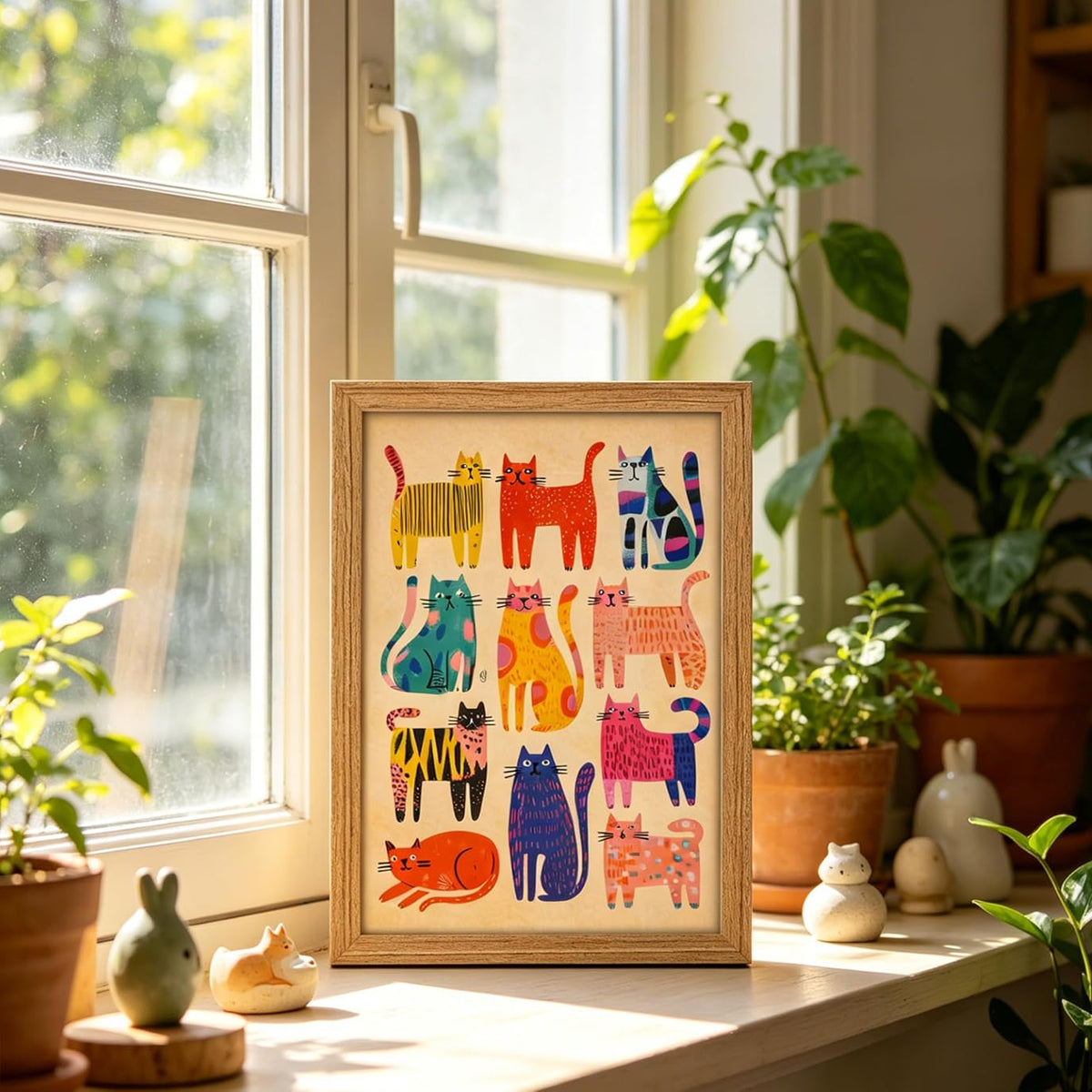 A framed art print featuring a colorful grid of whimsical cartoon cats, styled on a sunlit windowsill with potted plants and small decorative figurines.