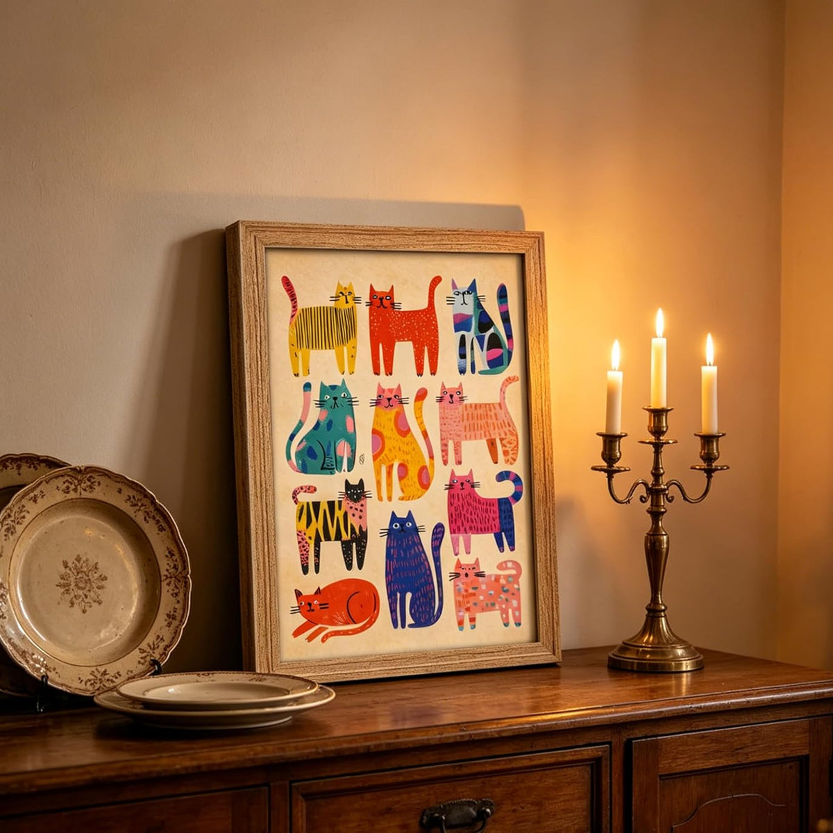 Framed wall art featuring a colorful grid of stylized cats, displayed on a wooden cabinet in a warmly lit room beside stacked plates and a lit candelabra.