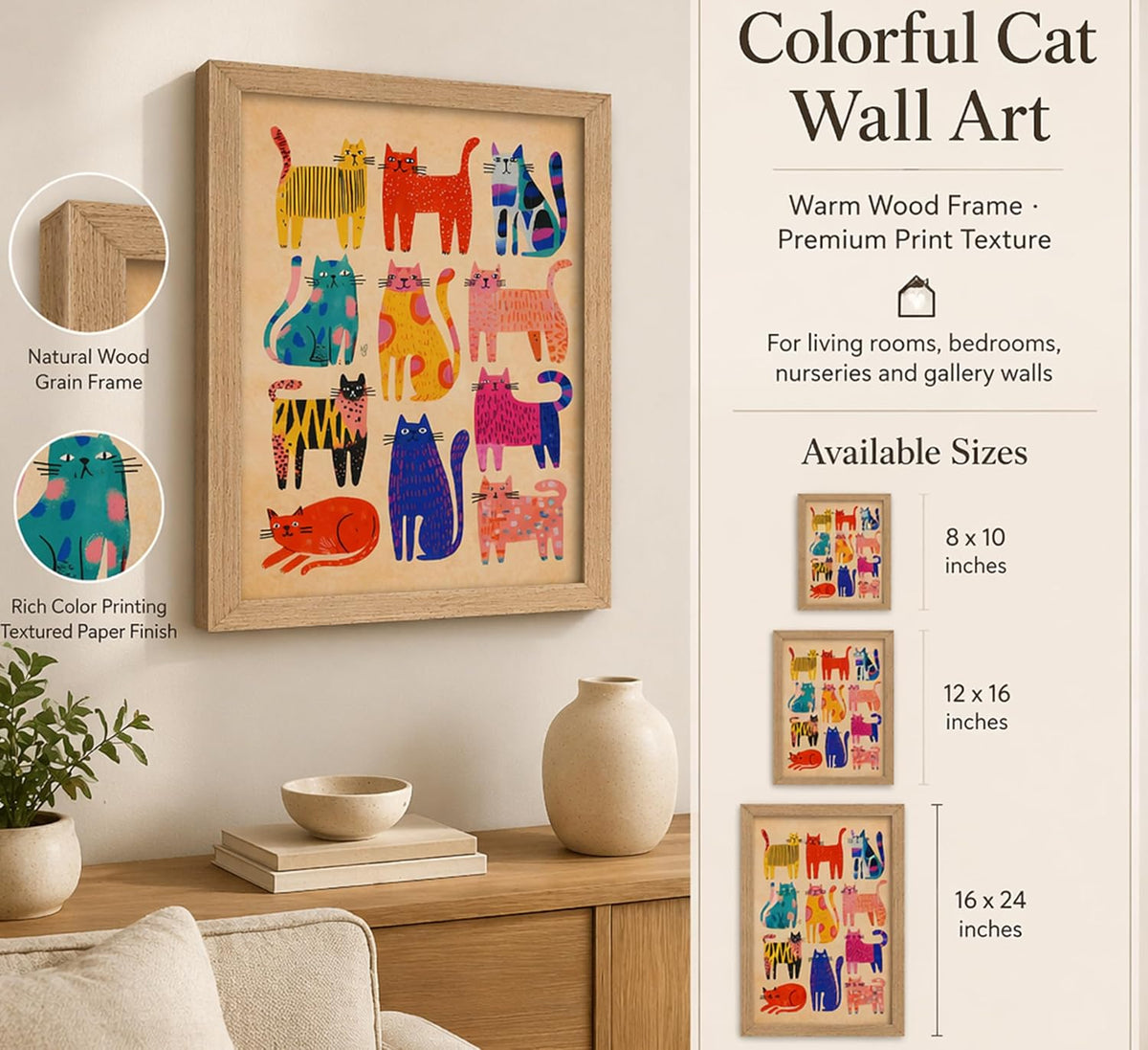 Framed colorful cat wall art displayed on a beige wall above a wooden console table, with product details, size options, and frame features shown in a clean marketing layout.
