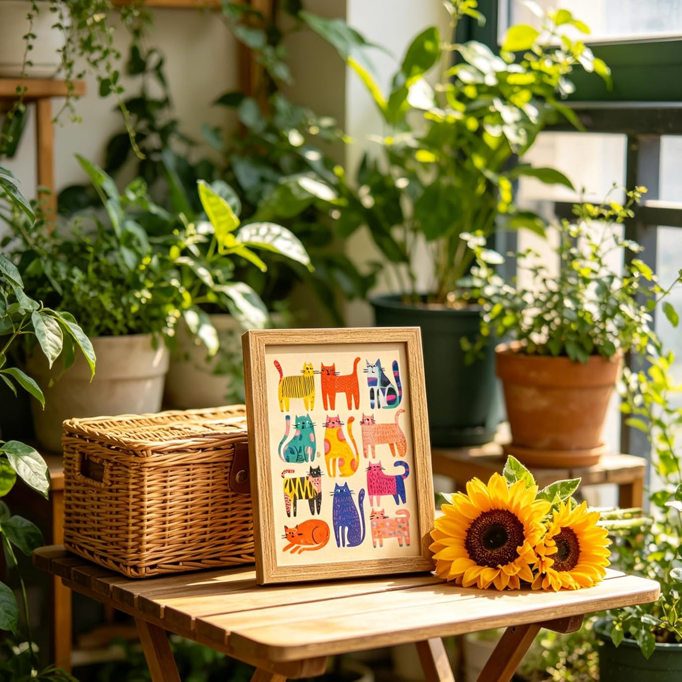 A framed art print featuring colorful illustrated cats, styled on a wooden table next to a wicker basket and yellow sunflowers in a lush, sunlit indoor garden setting.