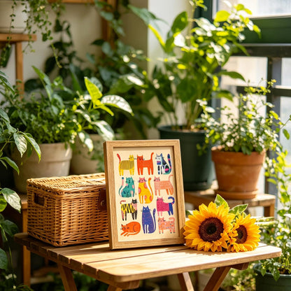 A framed art print featuring colorful illustrated cats, styled on a wooden table next to a wicker basket and yellow sunflowers in a lush, sunlit indoor garden setting.
