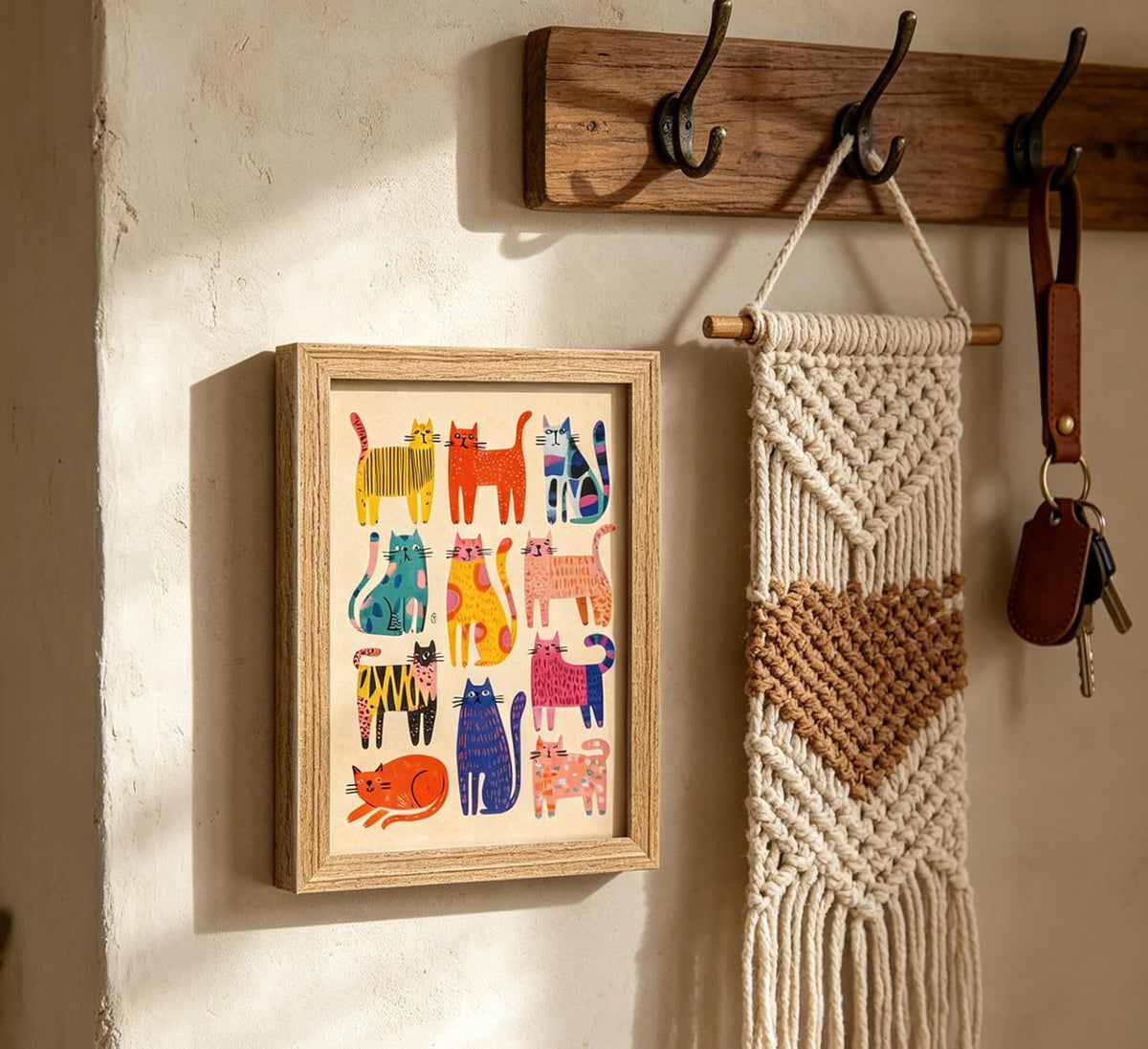 A framed art print featuring colorful illustrated cats hanging on a rustic wooden wall hook rack next to a cream macrame wall hanging with a brown geometric pattern, on a textured beige plaster wall.