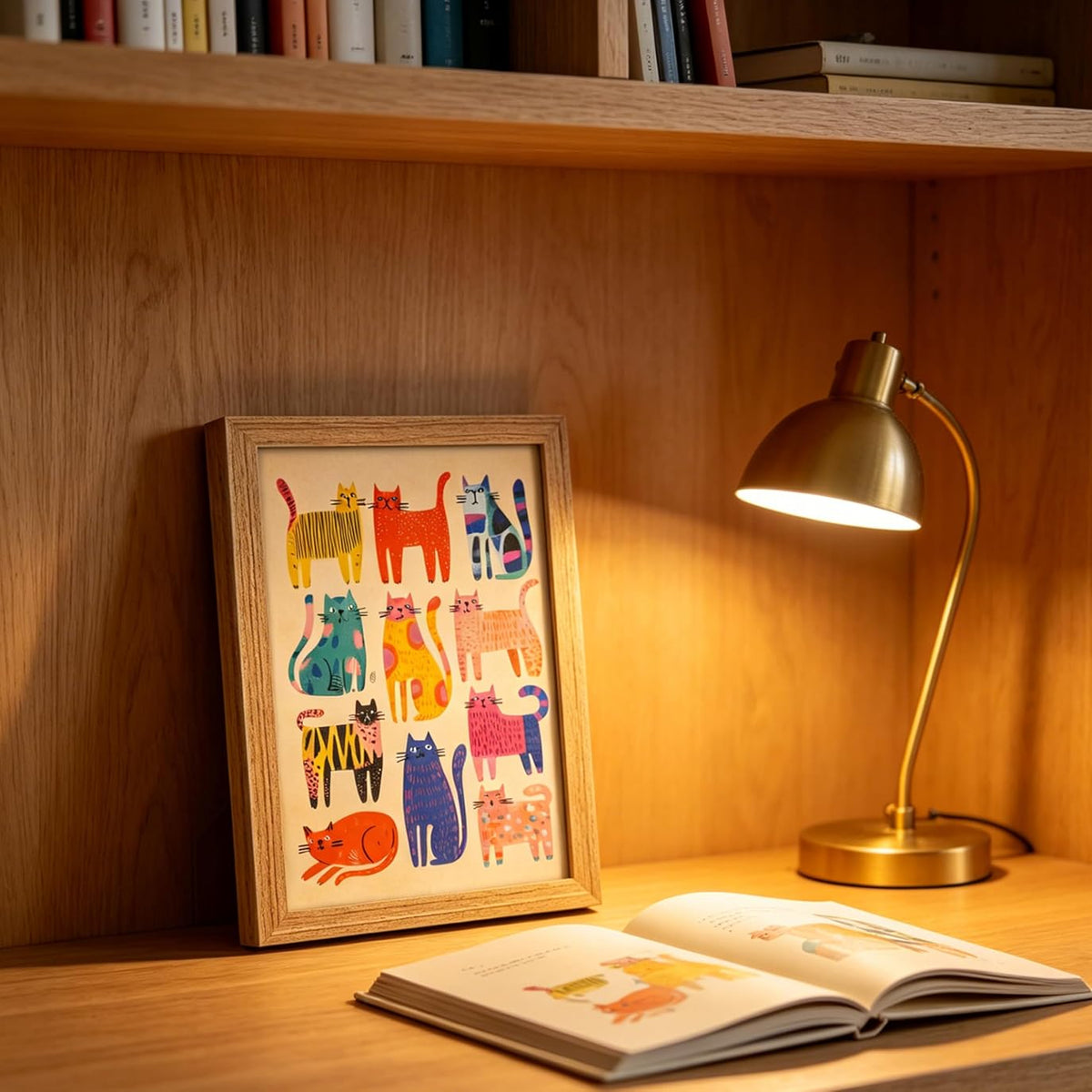 A framed art print featuring colorful illustrated cats, displayed on a wooden bookshelf next to a lit brass desk lamp and an open book.
