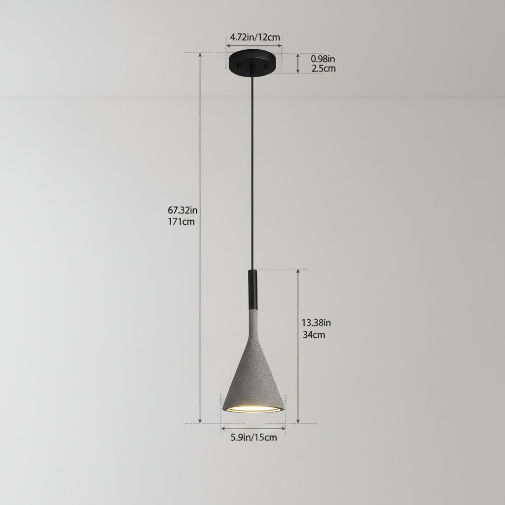 A hanging pendant light fixture with a tapered concrete-look shade, black cord, and round ceiling mount, shown with dimension labels and bulb compatibility notes on a white background. The image includes text stating compatible bulbs and a close-up of the fixture opening.