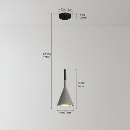 A hanging pendant light fixture with a tapered concrete-look shade, black cord, and round ceiling mount, shown with dimension labels and bulb compatibility notes on a white background. The image includes text stating compatible bulbs and a close-up of the fixture opening.