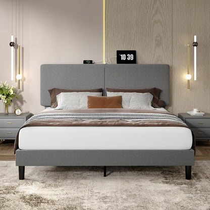 Upholstered Beige Cotton Linen Headboard Bed Frame