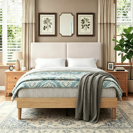 A light wood bed frame with a tall upholstered headboard, dressed in white linens and a blue damask patterned comforter, set in a styled bedroom with nightstands, framed wall art, and a plant.