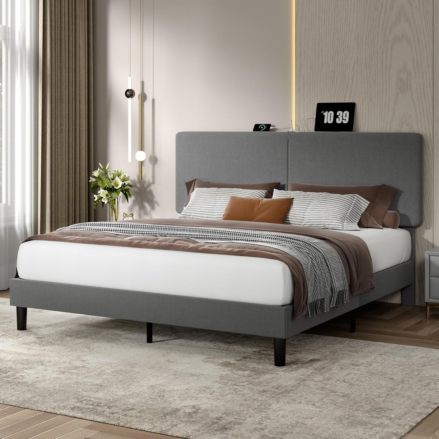 Upholstered Beige Cotton Linen Headboard Bed Frame