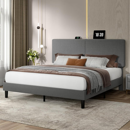 Upholstered Beige Cotton Linen Headboard Bed Frame