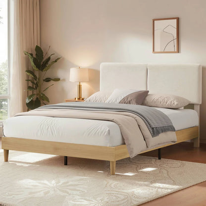 Upholstered Beige Cotton Linen Headboard Bed Frame