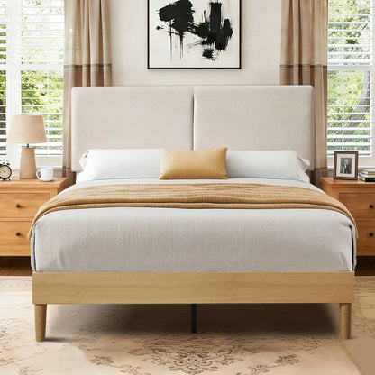 Upholstered Beige Cotton Linen Headboard Bed Frame