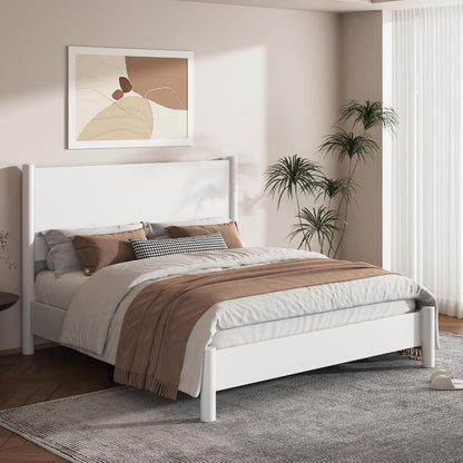 A modern white wooden bed frame with a tall headboard and matching footboard, styled in a minimalist bedroom with neutral beige and brown bedding, a gray rug, and a framed abstract print on the wall.