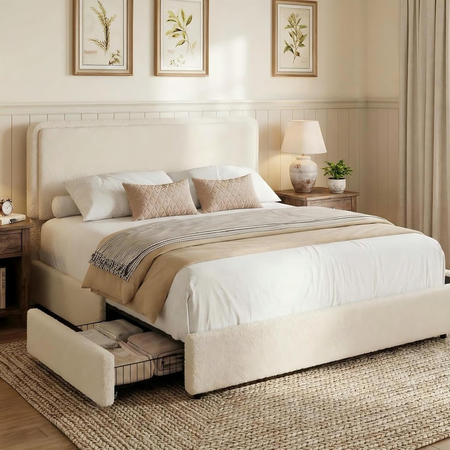 An upholstered bed frame in a warm cream or off-white fabric, shown in a styled bedroom setting with white bedding, beige accent pillows, a striped throw blanket, a matching storage drawer pulled out underneath, and a woven rug on the floor.