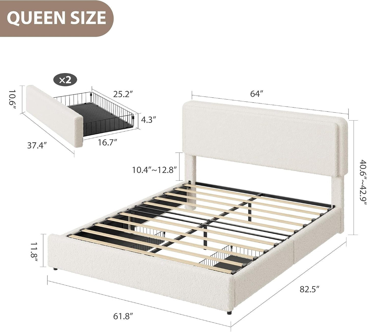 Cream Beige Teddy Fleece Storage Bed Frame