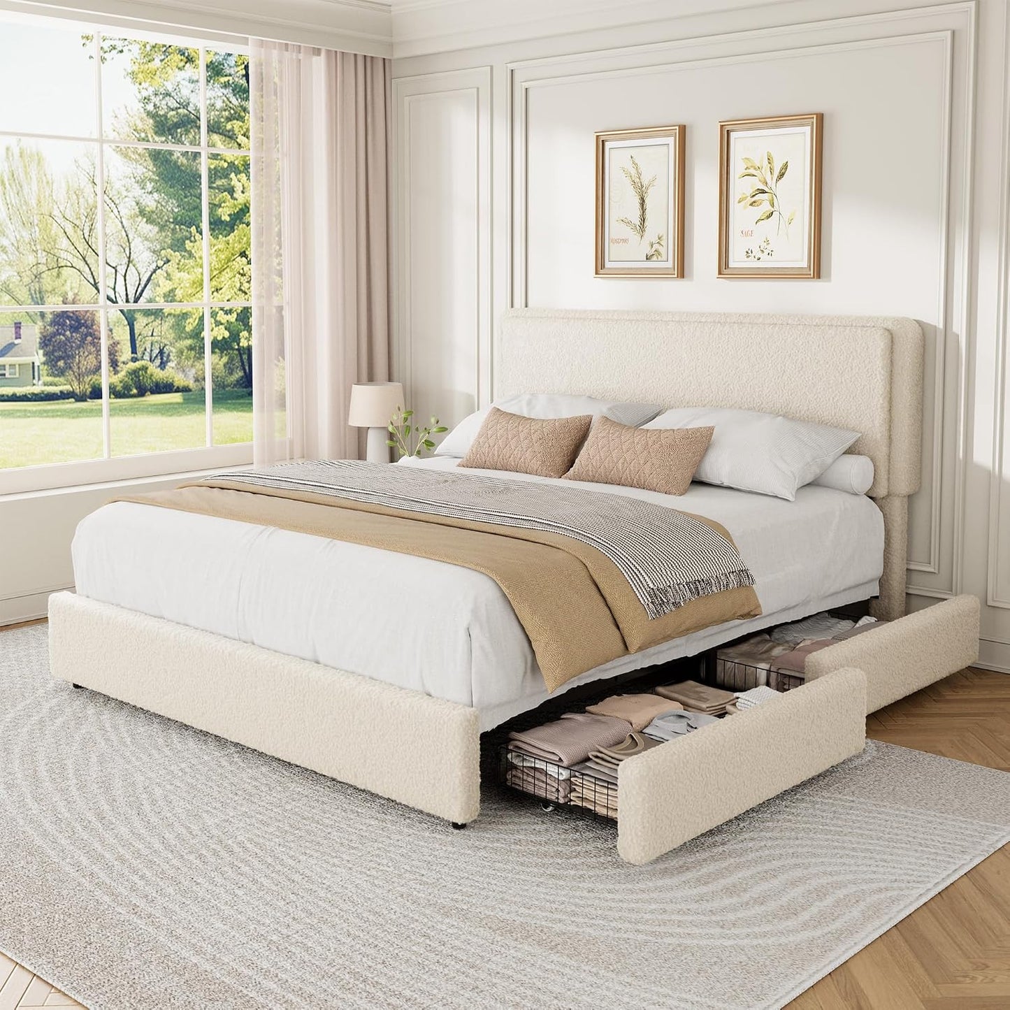 Cream Beige Teddy Fleece Storage Bed Frame