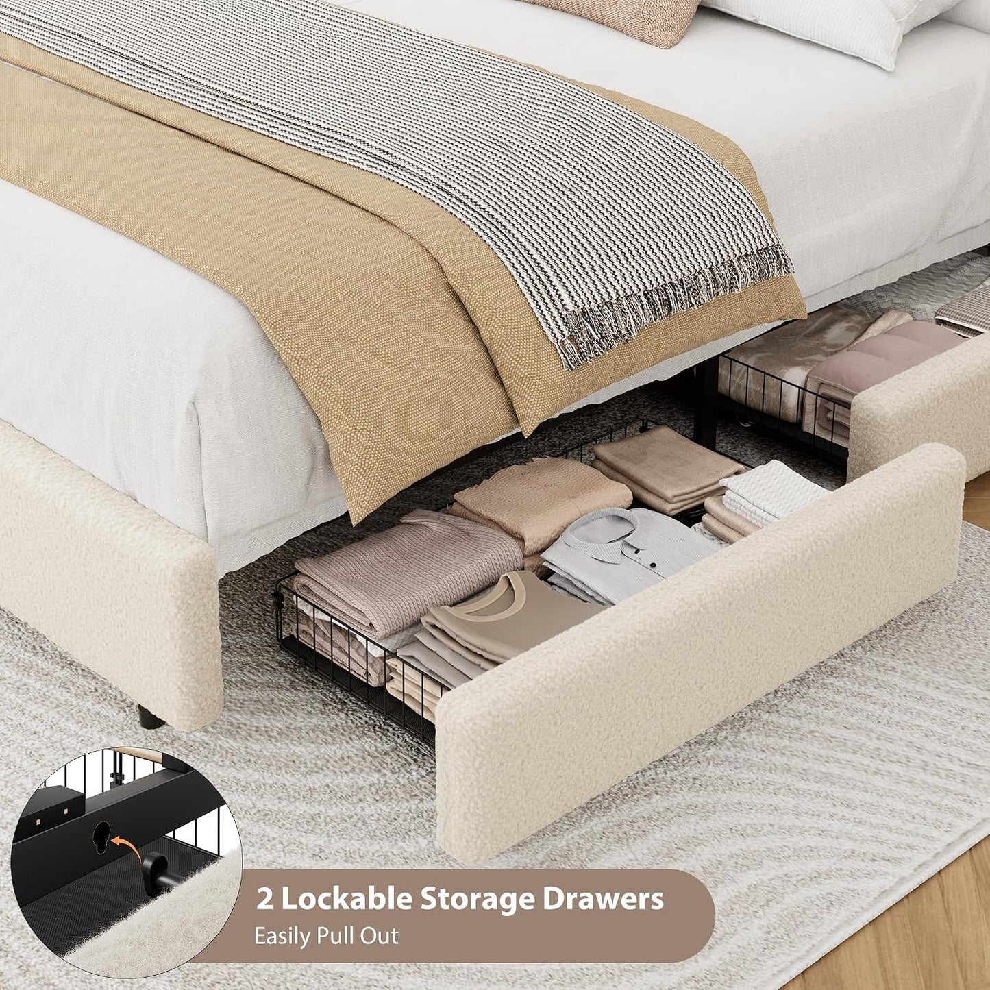 Beige upholstered bed with open storage drawers underneath, showing organized clothes.