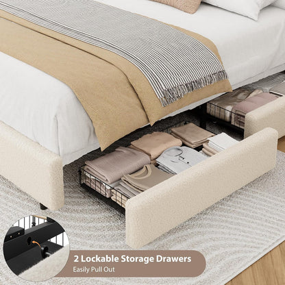 Beige upholstered bed with open storage drawers underneath, showing organized clothes.