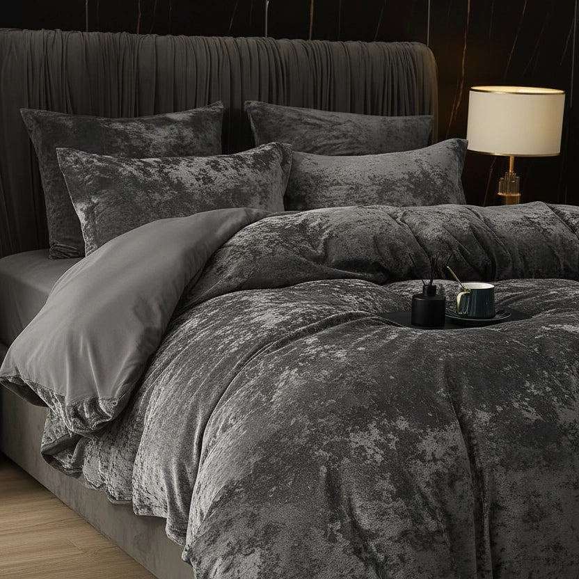 Dark Grey Velvet Duvet Cover Set