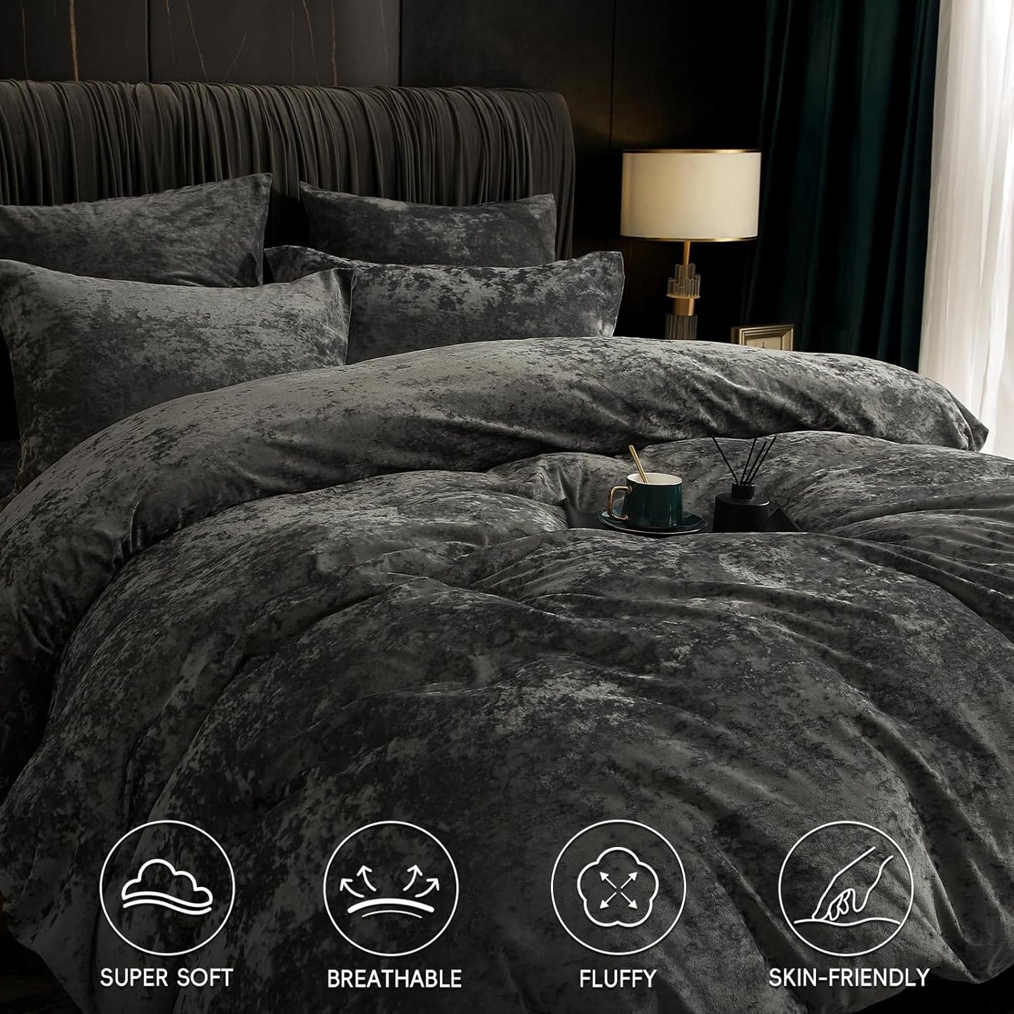 Dark Grey Velvet Duvet Cover Set