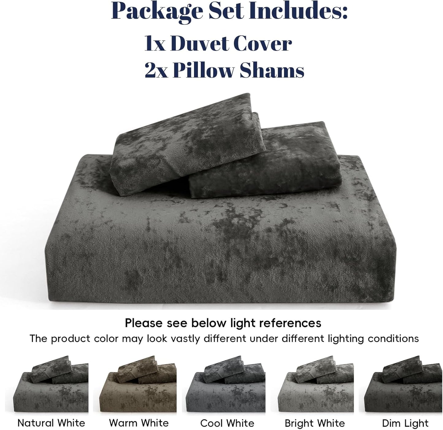 A bedding package set showing a duvet cover and two pillow shams in a dark charcoal gray marbled pattern on a white background, with text stating the package includes 1x duvet cover and 2x pillow shams. Small color reference thumbnails along the bottom show the product under different lighting conditions.