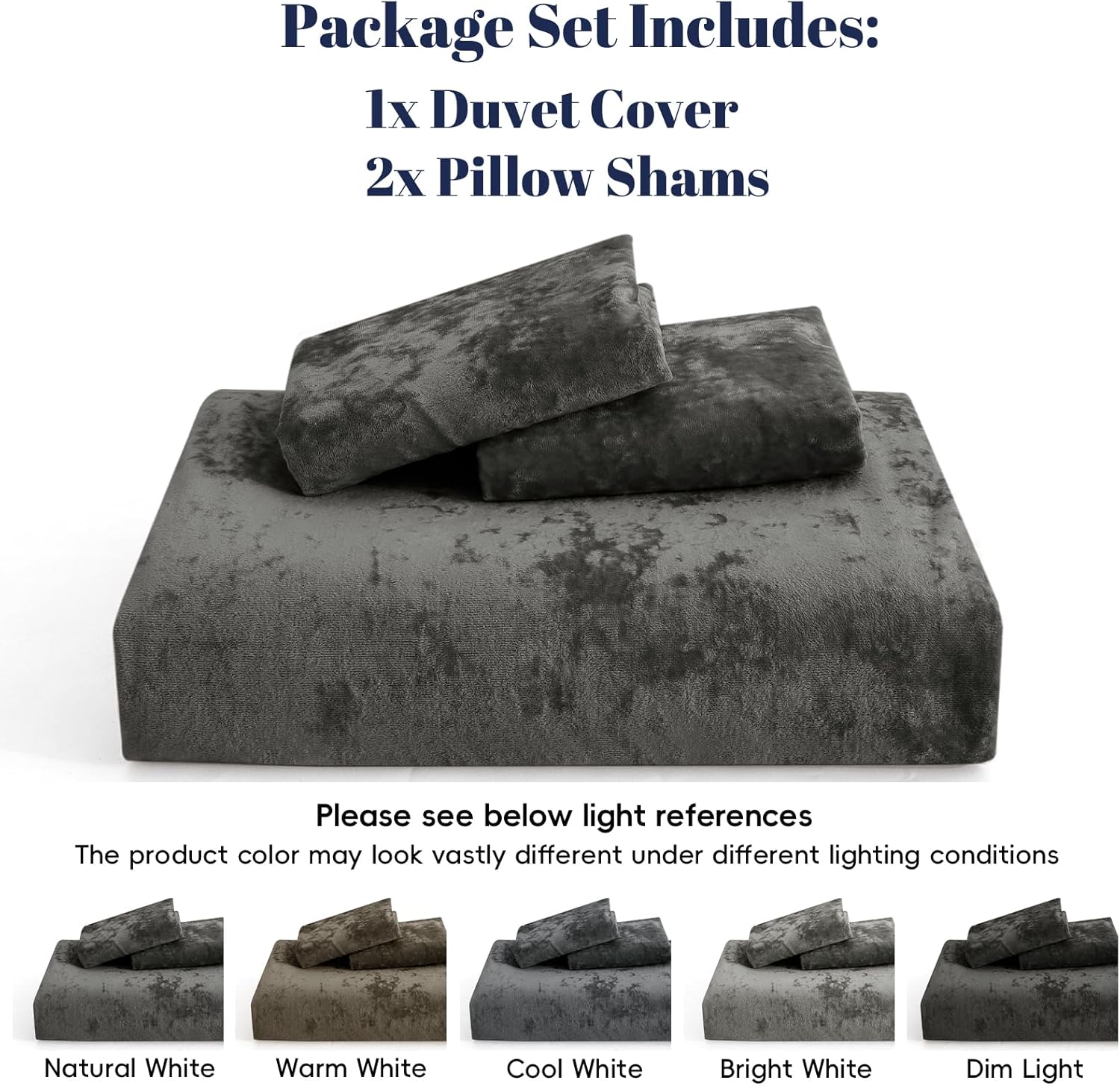 A bedding package set showing a duvet cover and two pillow shams in a dark charcoal gray marbled pattern on a white background, with text stating the package includes 1x duvet cover and 2x pillow shams. Small color reference thumbnails along the bottom show the product under different lighting conditions.