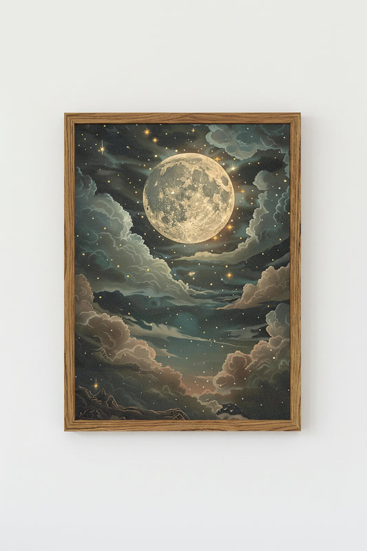 Framed artwork of a moonlit night sky with clouds and stars.