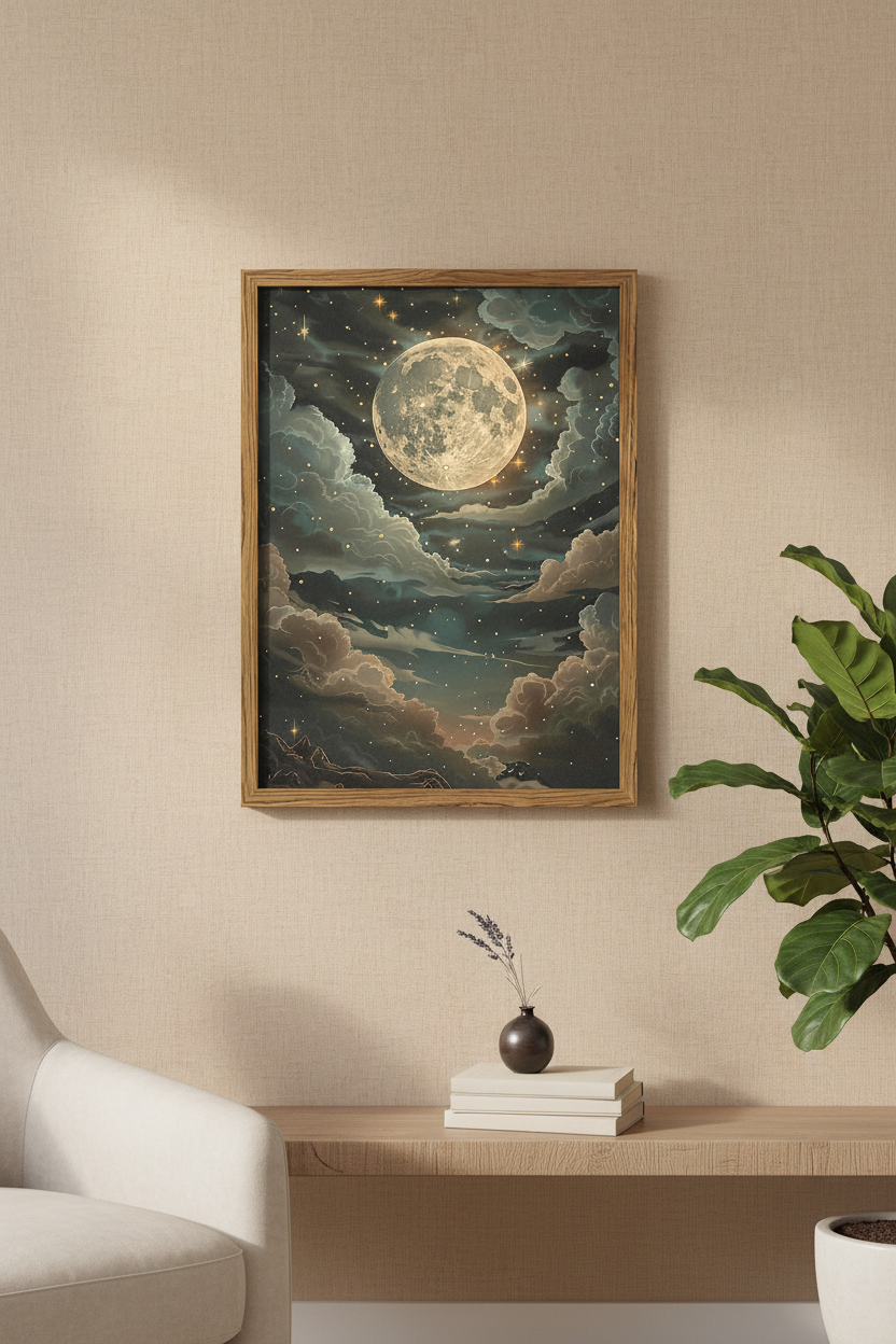 A framed art print depicting a full moon in a starry night sky with dramatic clouds, hanging on a beige wall above a console table with a plant and books.