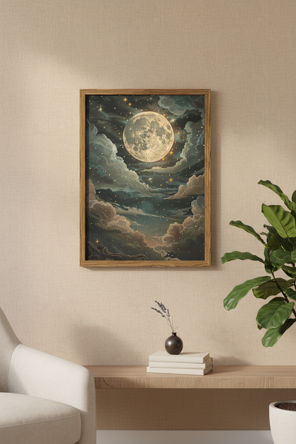 A framed art print depicting a full moon in a starry night sky with dramatic clouds, hanging on a beige wall above a console table with a plant and books.