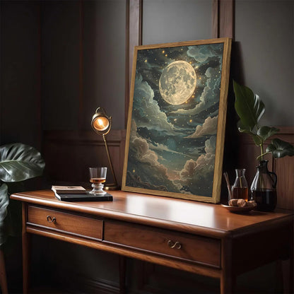 Framed artwork of a celestial scene on a wooden desk with a lamp and books.
