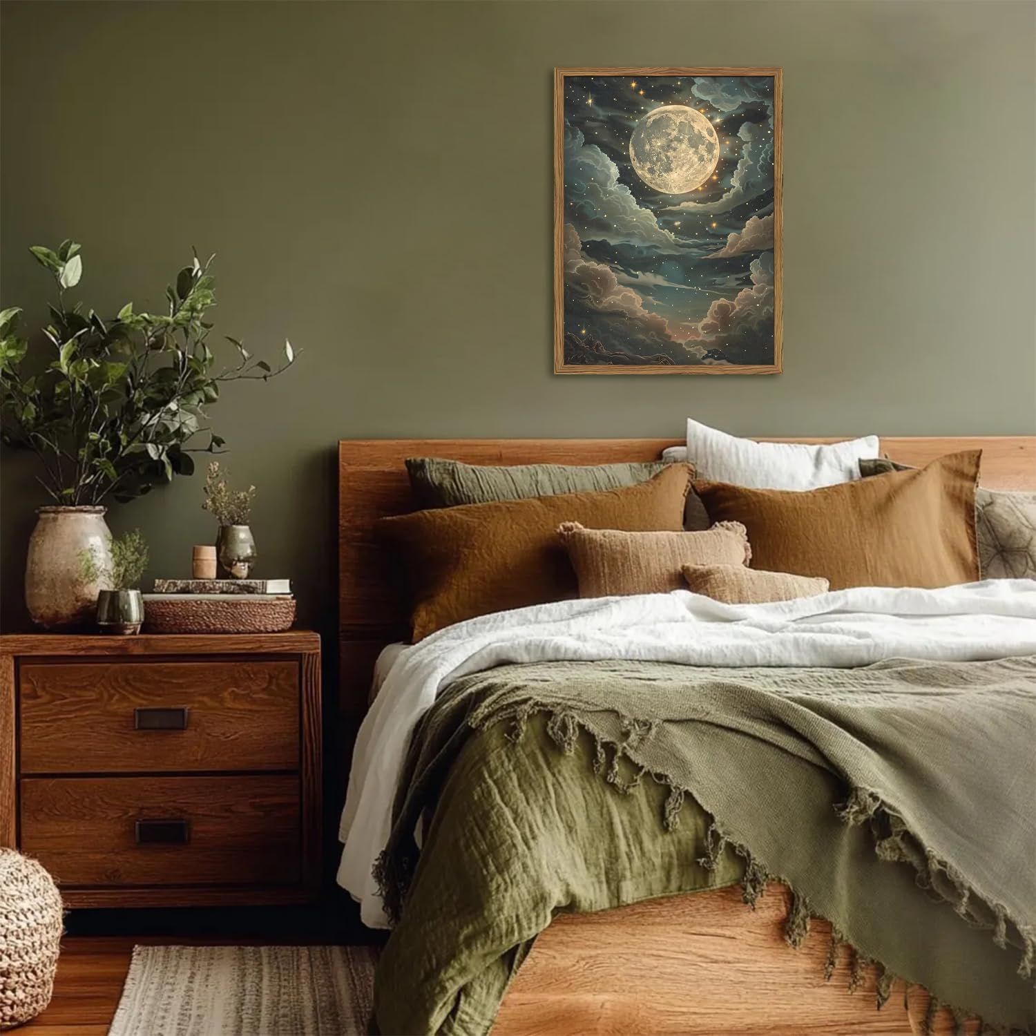 Cozy bedroom with wooden bed, nightstand, and wall art of a moonlit sky.