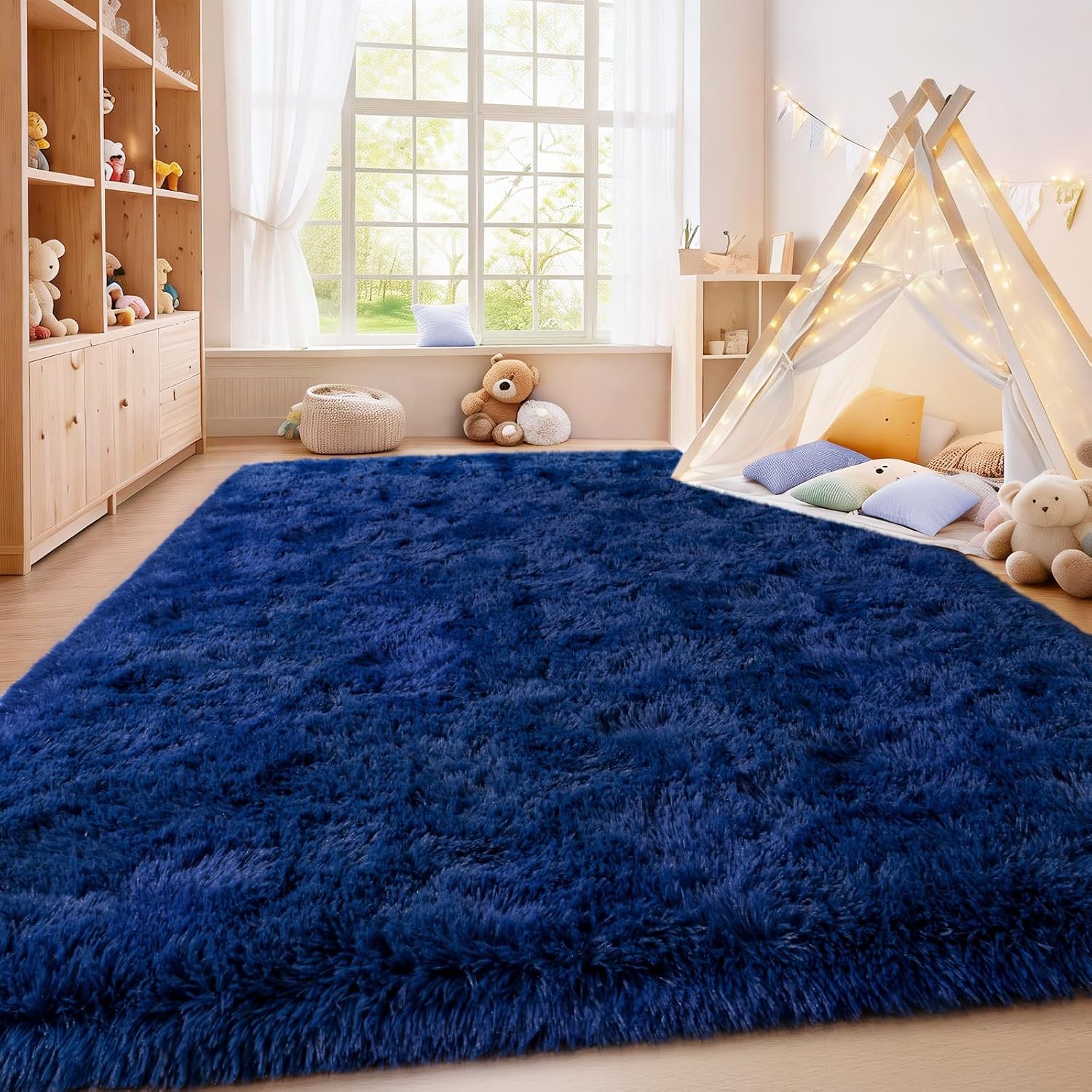 Blue fluffy rug in a child's room with toys and a teepee.
