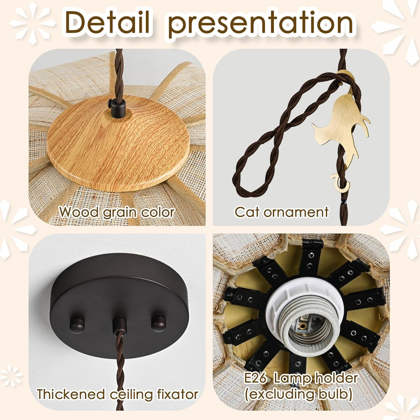 Collage of product details including wood grain color, cat ornament, thickened ceiling fixator, and E26 lamp holder.