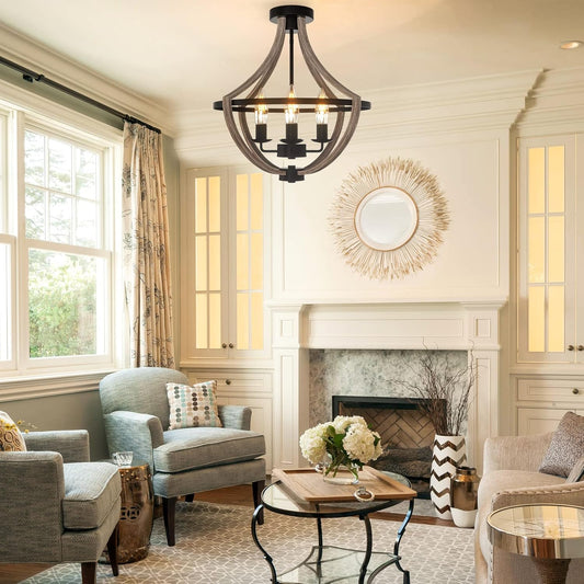 Farmhouse Faux Wood Rustic Chandelier in boho style living room 