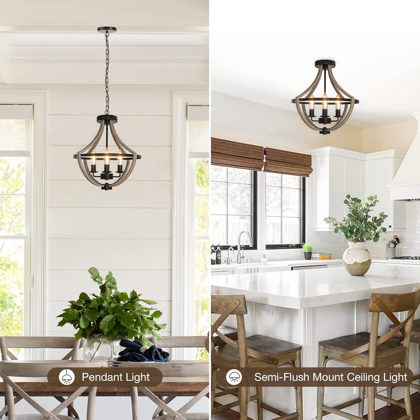 Farmhouse Faux Wood Rustic Chandelier installed on two different locations in a modern house
