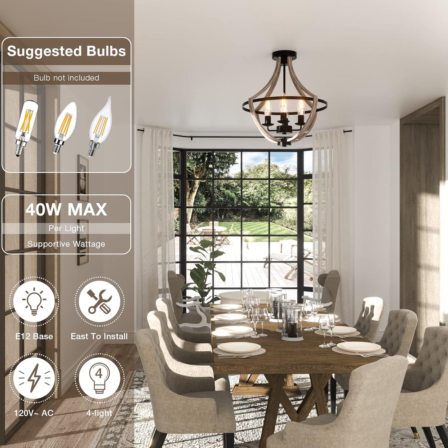 Farmhouse Faux Wood Rustic Chandelier installed on two different locations in a modern house over a dining table also showing some features