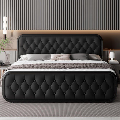 A modern black tufted upholstered bed with a tall matching headboard and footboard, styled in a contemporary bedroom with striped wall panels, neutral bedding, and bedside tables.