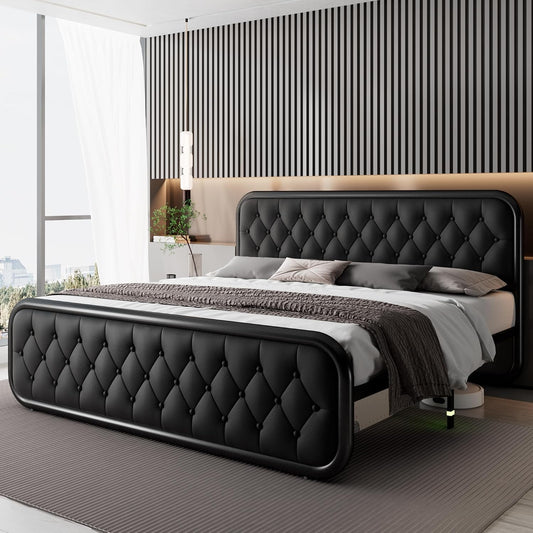 Modern bedroom with a black tufted bed and striped wall.