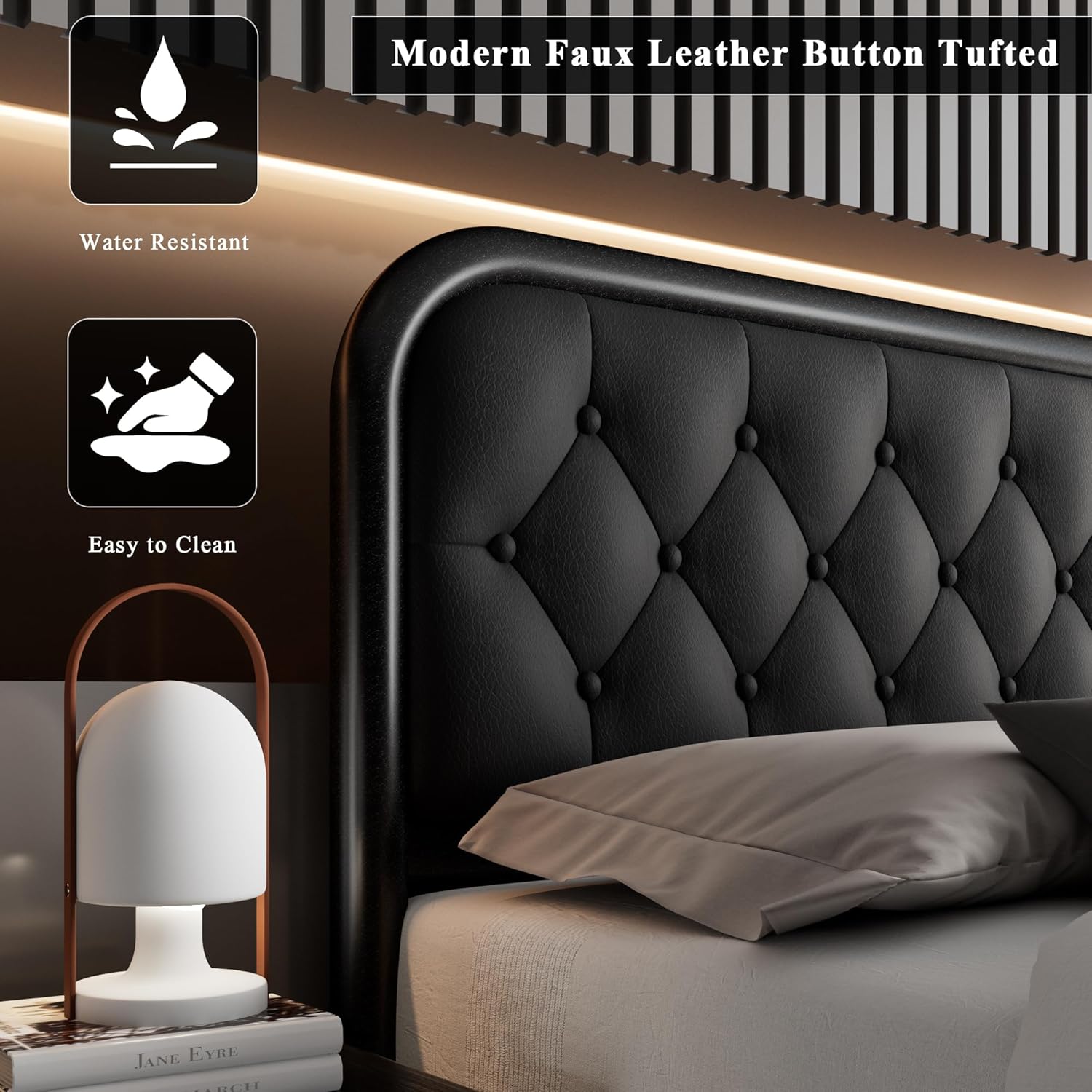 Black tufted headboard with a white lamp and books on a bed, featuring water-resistant and easy-to-clean icons.