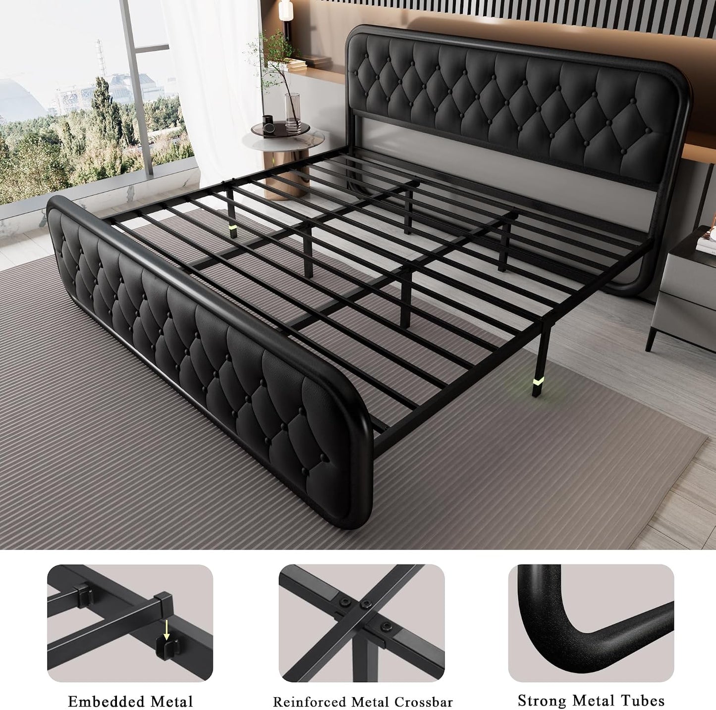 Black metal bed frame with a tufted headboard and footboard, shown in a modern bedroom setting. Three inset detail images at the bottom highlight the embedded metal, reinforced crossbar, and strong metal tube construction.